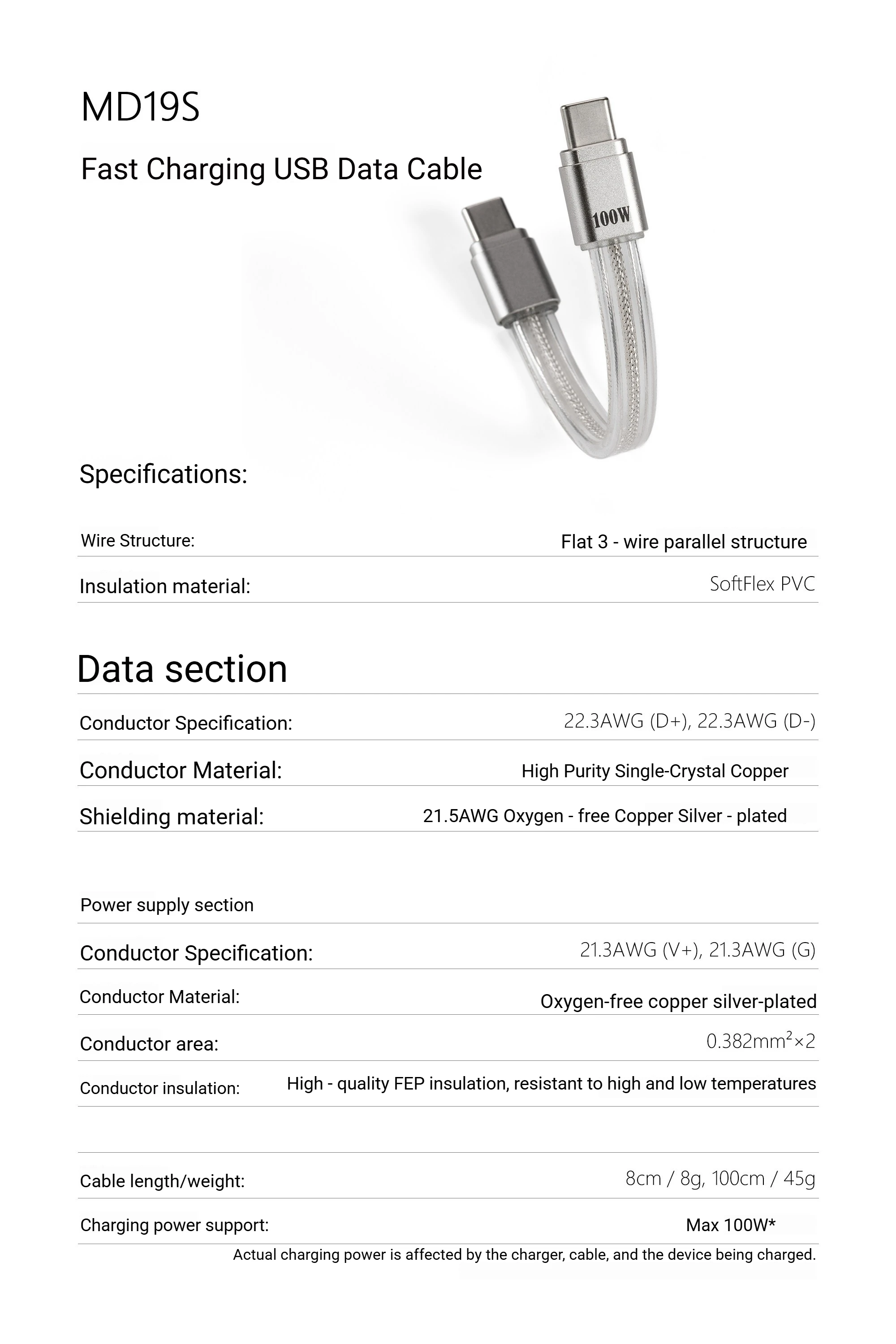 ddHiFi MD19S,USB-C To USB-C,100W Fast Charging Data Cable, Compatible with iOS & Android, Single Crystal Copper,100cm / 8cm