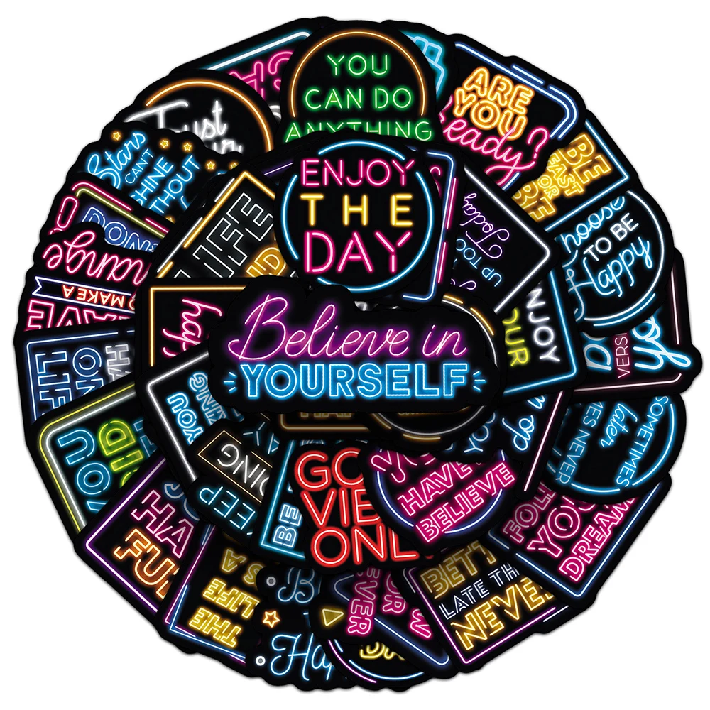 10/30/50pcs Inspirational Phrases Neon Light Stickers Motivational Quotes Decals Notebook Phone Suitcase Cartoon Sticker Packing