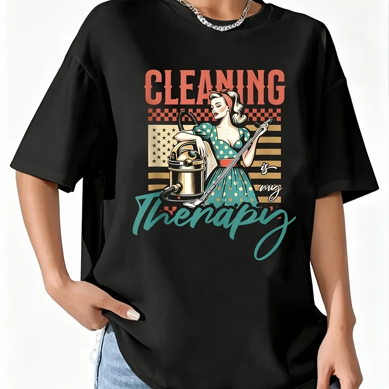 Cleaning Is My Therapy Retro Housekeeping Woman with Vacuum Women's 100% Cotton T-Shirt Short Sleeve Top Casual Round Neck Fun Print Tee S-5Xl