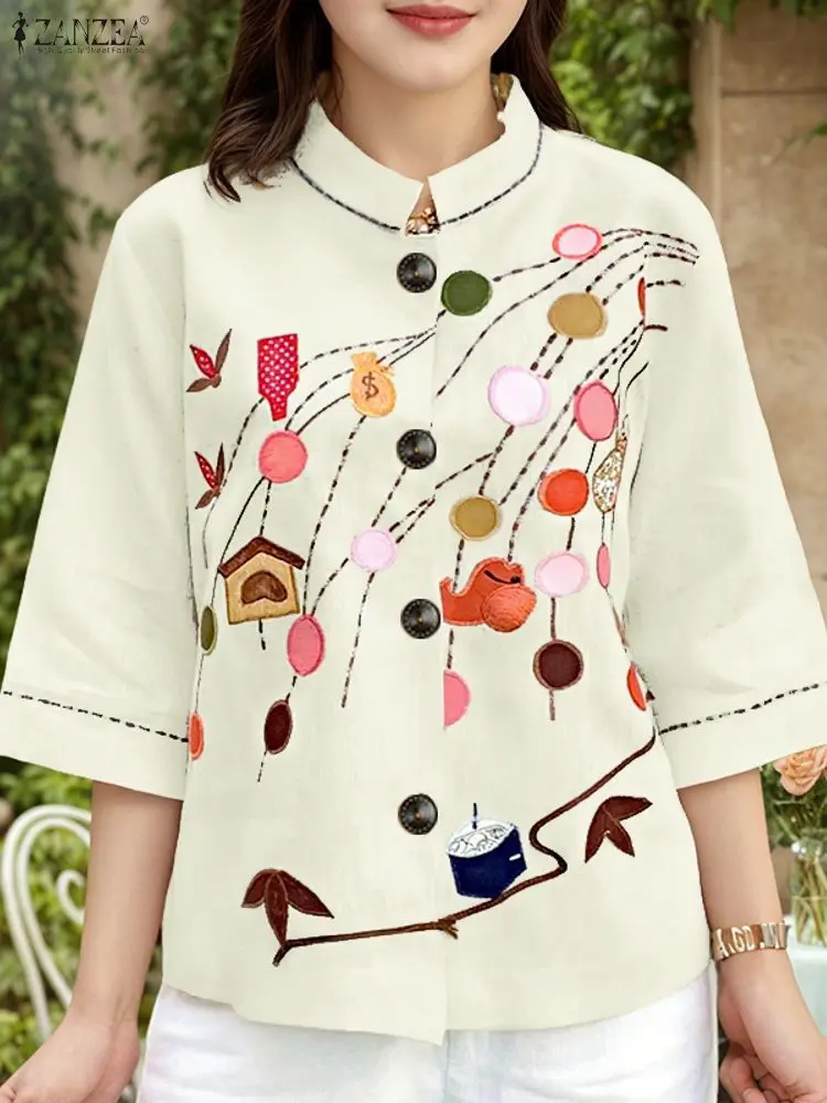2025 Autunno Camicie stampate ZANZEA Camicetta da donna Casual O Collo Manica lunga Top Bottoni Giù Blusas Retro Lavoro Chemise Mujer Femme