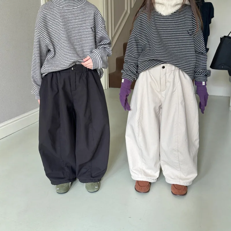 2025 Autumn Winter Cotton Boy Girl Children Kid Thick Alpaca Wool Warm Casual Loose Pants Carrot Trouser 2-12 Years Outfit