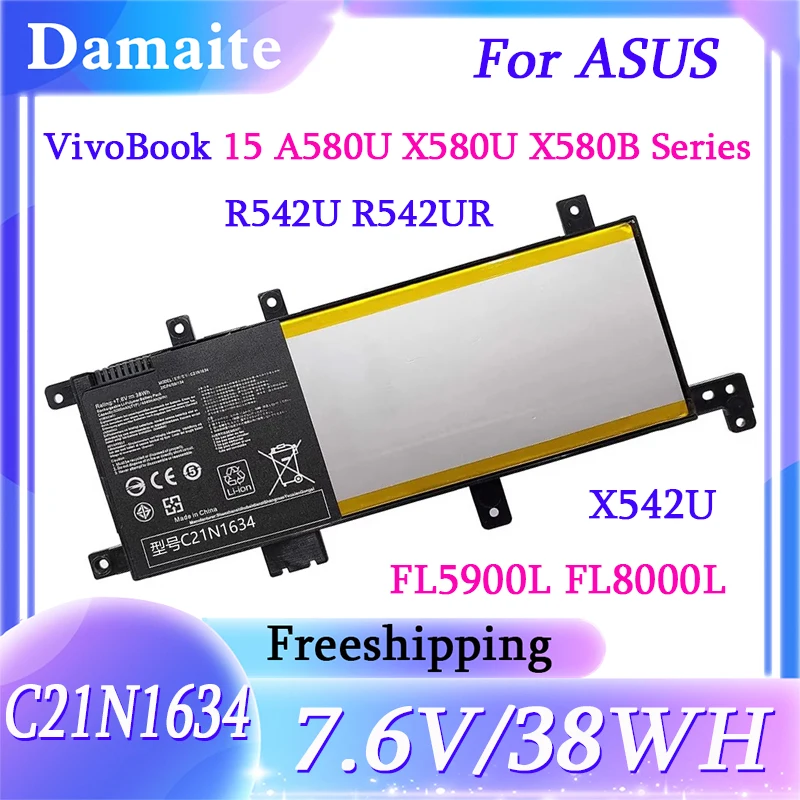 C21N1634 7.6V 38WH Battery For Asus A580U X580U X580B A542U R542U R542UR FL5900L FL8000U FL8000UF FL8000L X542U V587U Laptop