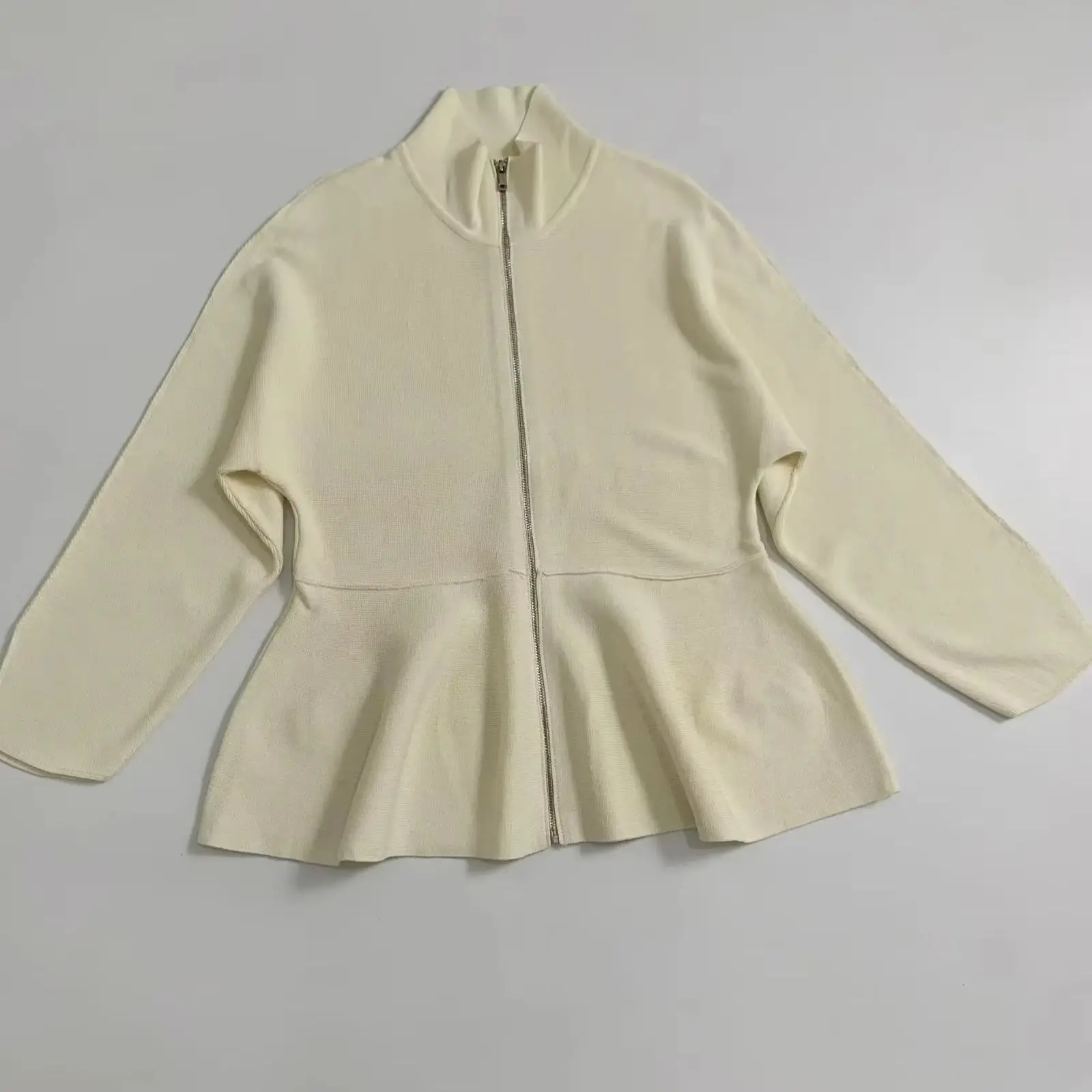 Womens Full Zipper Knit Jacket Stand Collar Peplum Hem Long Sleeve Slim Fit Casual Soft Cardigan Base Tops Chic Streetwear