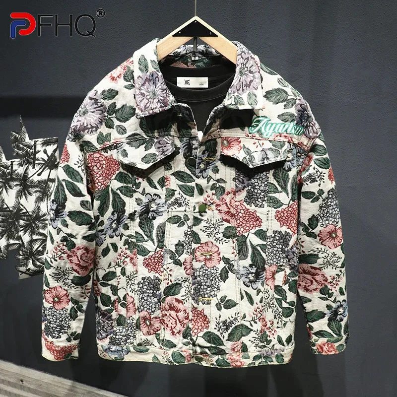 PFHQ American Flower Jacquard Jacket Spring Autumn New Trendy Printed Jacket 2024 Contrast Color Turn-down Collar Tpos 21Z6061