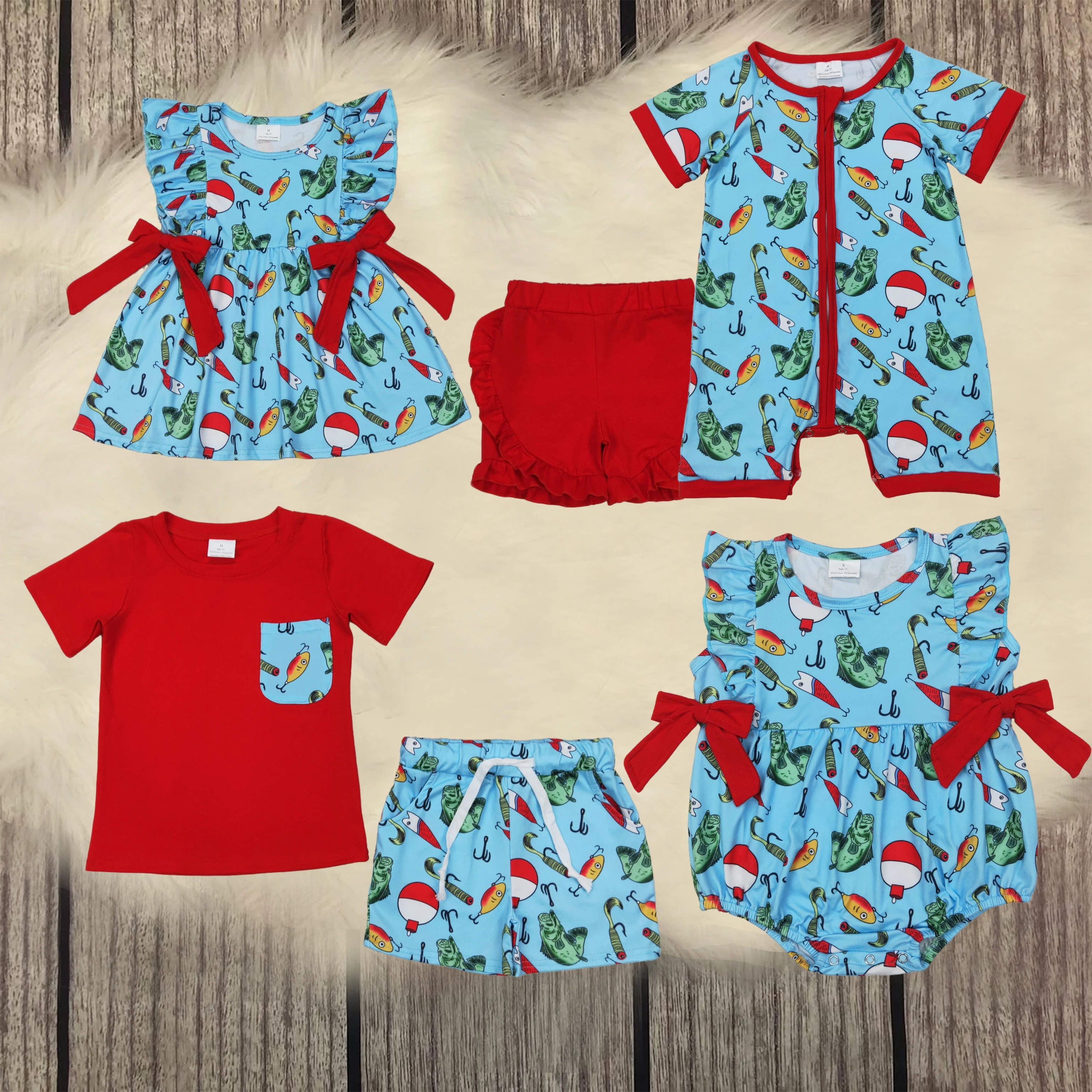 

Wholesale Sibling Boys Sets Baby Girls Fishing Float Rompers Kids Knee Length Dresses Summer Outfits Toddler Children Clothes