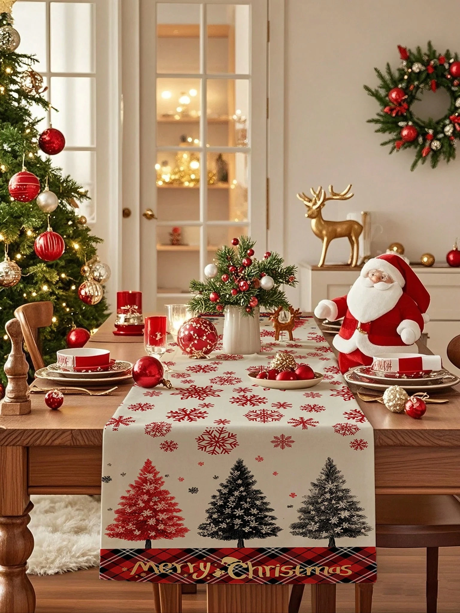 

1 шт. Рождественская декоративная дорожка для стола — принты колокольчиков/дерева/снежинок, льняной материал