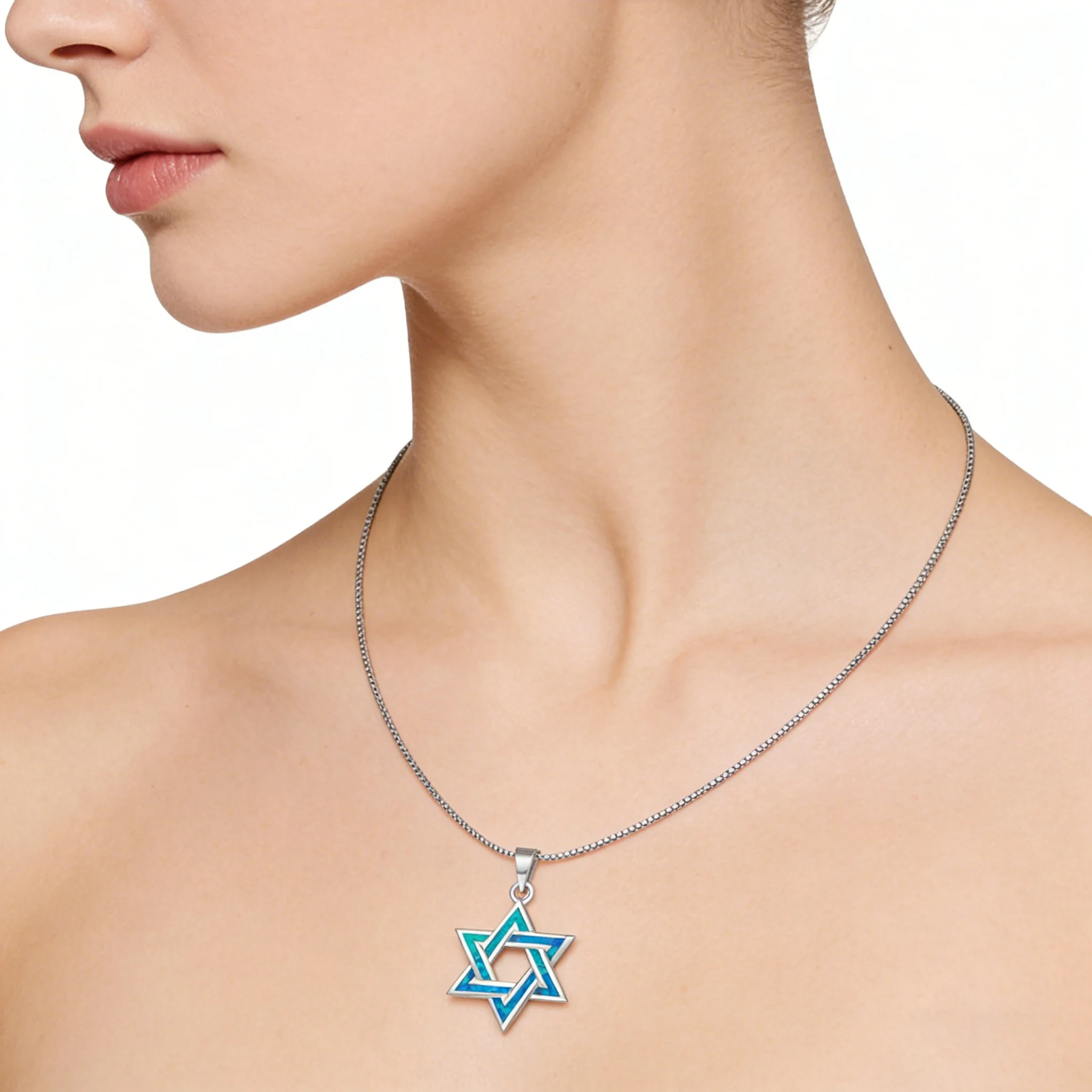 Blauer Feueropal-Halskette mit Davidstern-Anhänger, weißer K-plattierter jüdischer Schmuck, Unisex Judaica-Geschenk, Heilkristall-Halsband als Geschenk für – Detail 2