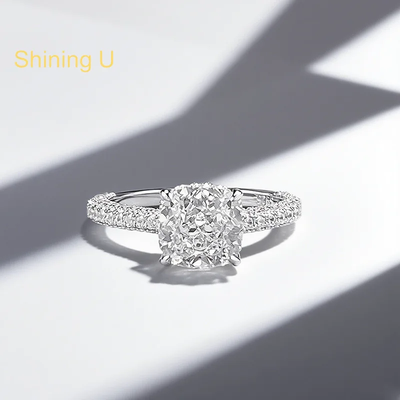 

Сияющее серебро U S925, 7*7 мм, подушка сияющей огранки, высокоуглеродистые кольца с драгоценными камнями и бриллиантами, ювелирные изделия для помолвки