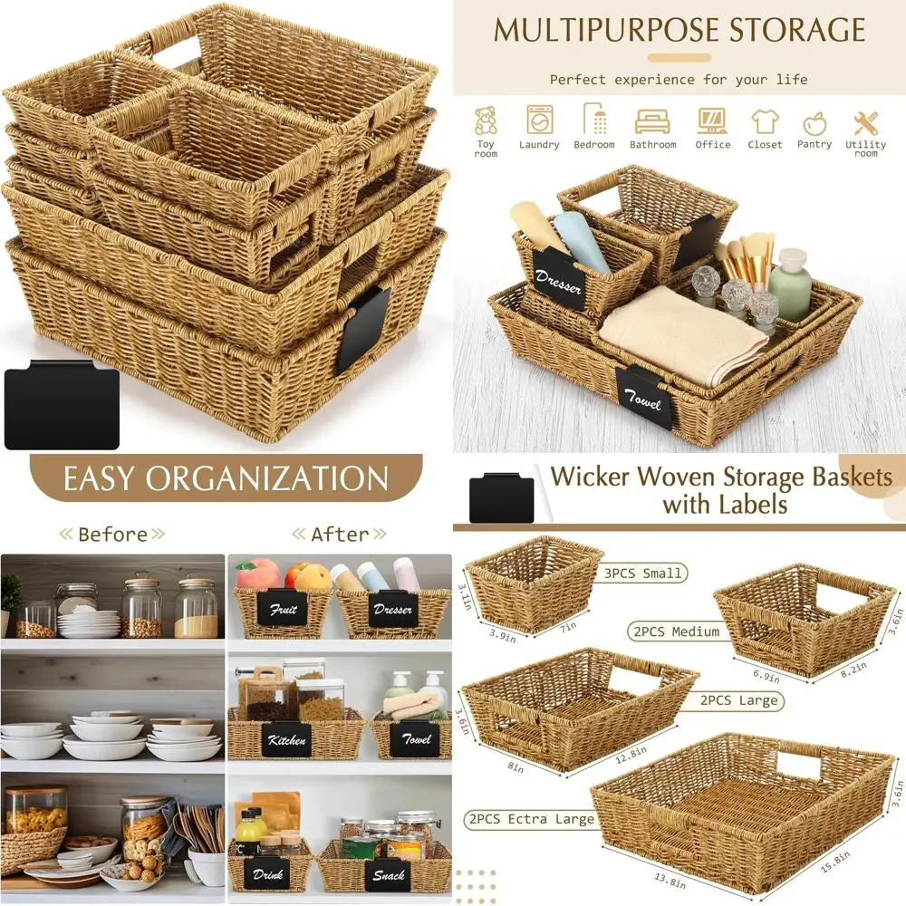 

Коричневые плетеные корзины ручной работы разных размеров с этикетками для хранения и организации кладовой