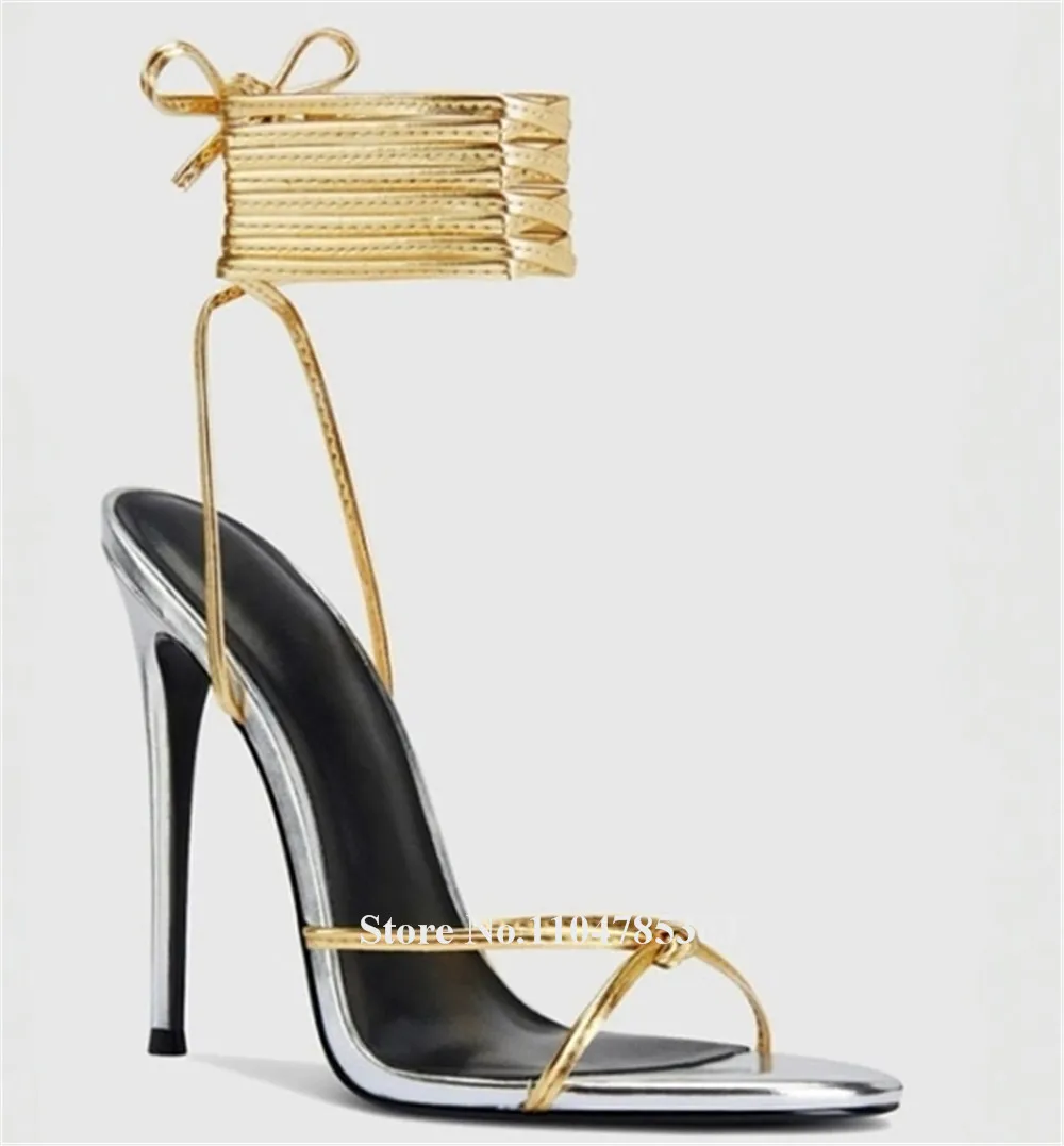 

Sexy Thin Straps Cross Stiletto Heel Sandals Round Open Toe Silver Gold Black Leather Thin Heel Party Shoes Dress Heels