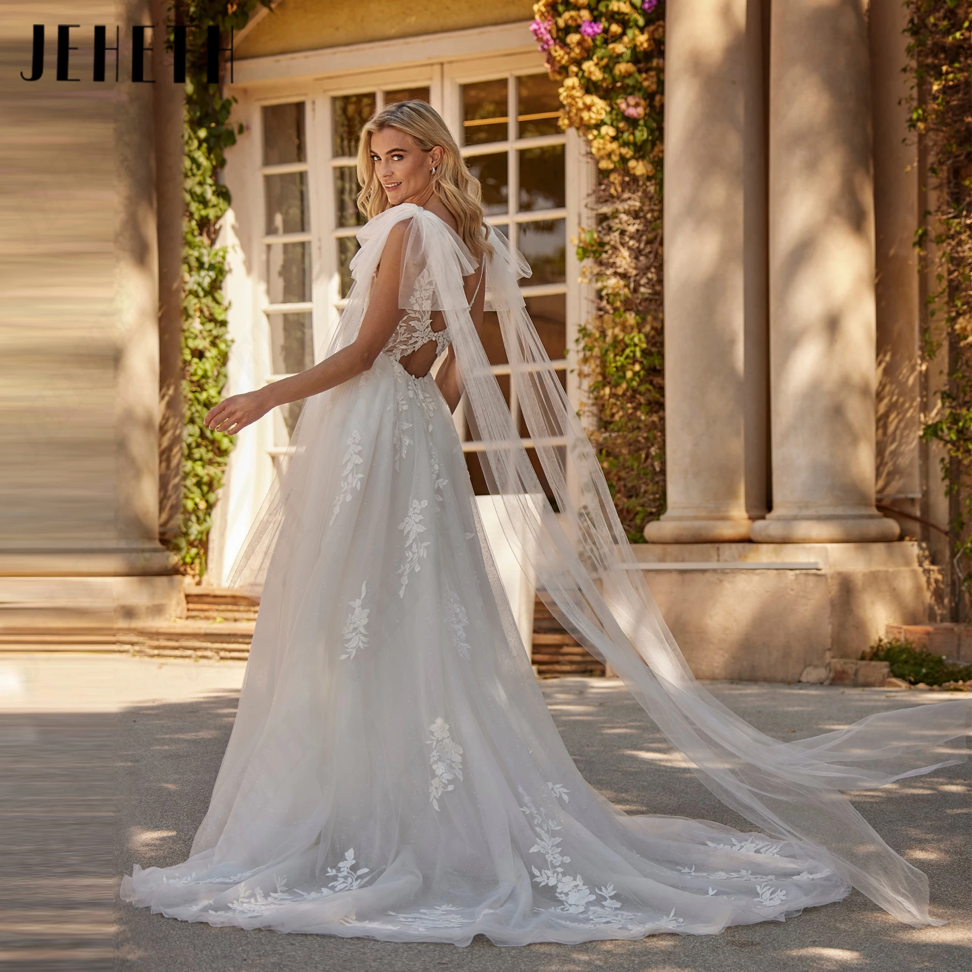 JEHETH Open Back A-Line Tull Wedding Dress Sleeveless Spaghetti Straps Gorgeous Bride Gown Personalized 2027 Bridal Gowns