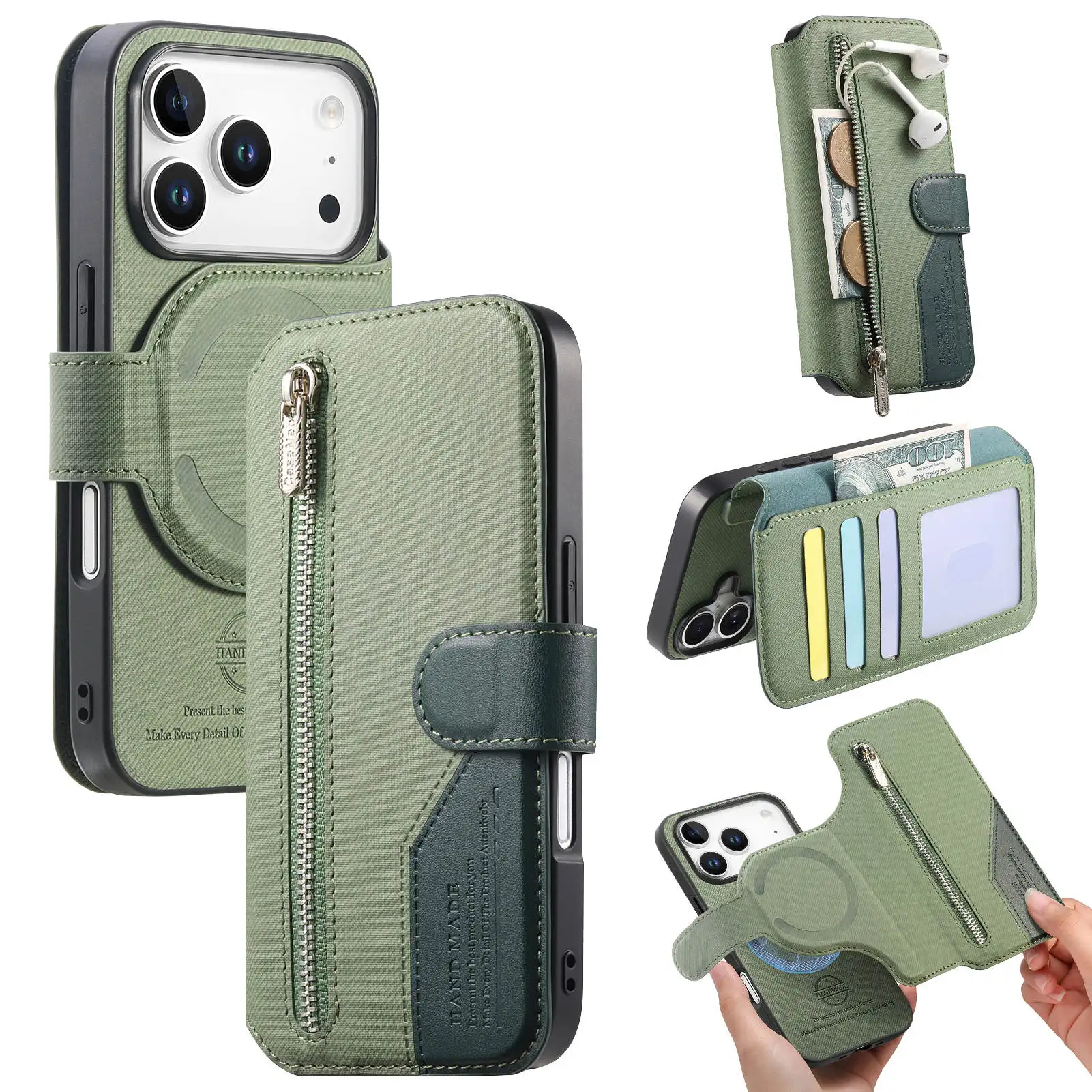 Étui en cuir magnétique détachable 2-en-1 avec fentes pour cartes et fermeture éclair pour iPhone 17 Pro Max 16 15 14 13 12, antichoc, avec support et protection RFID