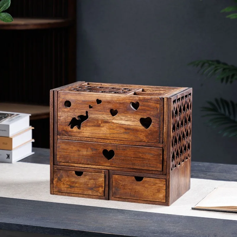 carton desktop, bookshelf storage box, solid wood hollow-out creative, multi-functional tissue box
