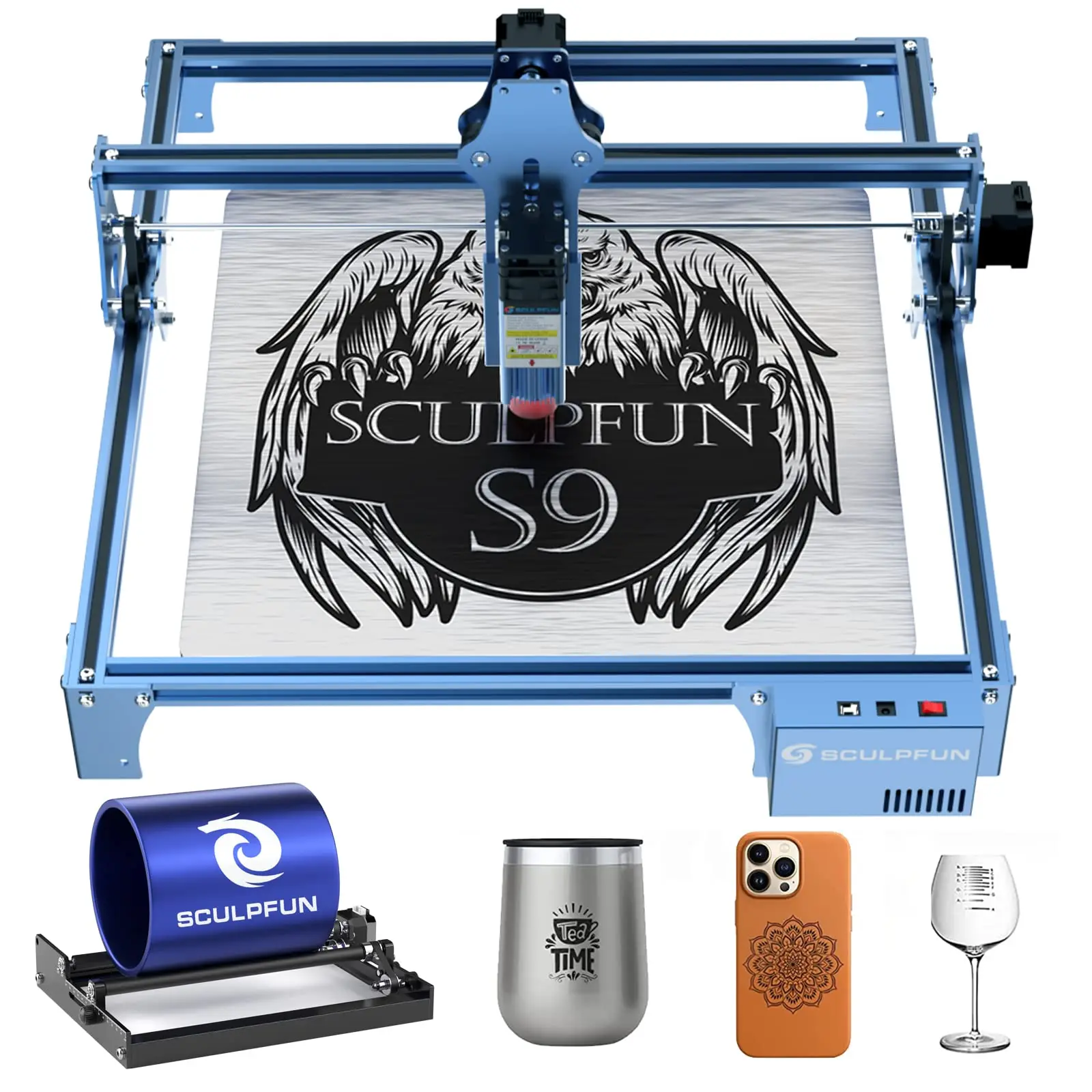 Grabador Láser SCULPFUN S9, Máquina de Grabado y Corte Ultrafina para Madera + Juego de Rodillos Rotatorios, Diseño de Enfoque Rápido y Fijo, EE. UU.