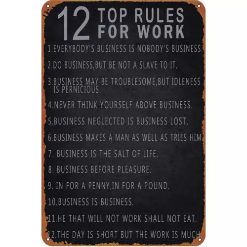 Funny Metal Tin Sign Vintage 12 Top Rules For Work Signs Wall Art Decor 12x8Inch