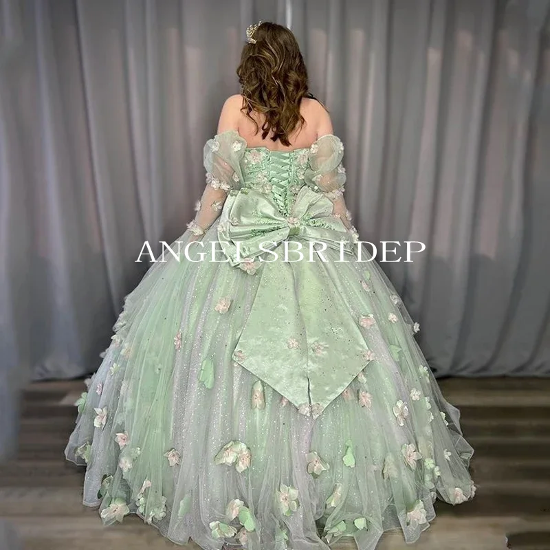 Angelsbride Salie Groene Kralen 3d Appliques Strik Sweet 16 Jurk Vestido De 15 Quinceañera Baljurk Quinnceanera Jurken