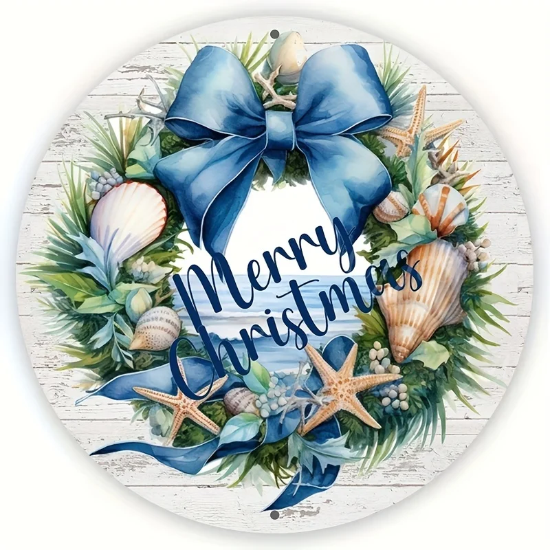 Küstenstrand-Thema, Frohe Weihnachten, Kranzschild – 20,3 x 20,3 cm, rundes Wandbehang-Dekor aus Aluminium, modisches Porträt für den Innenbereich, Orientati