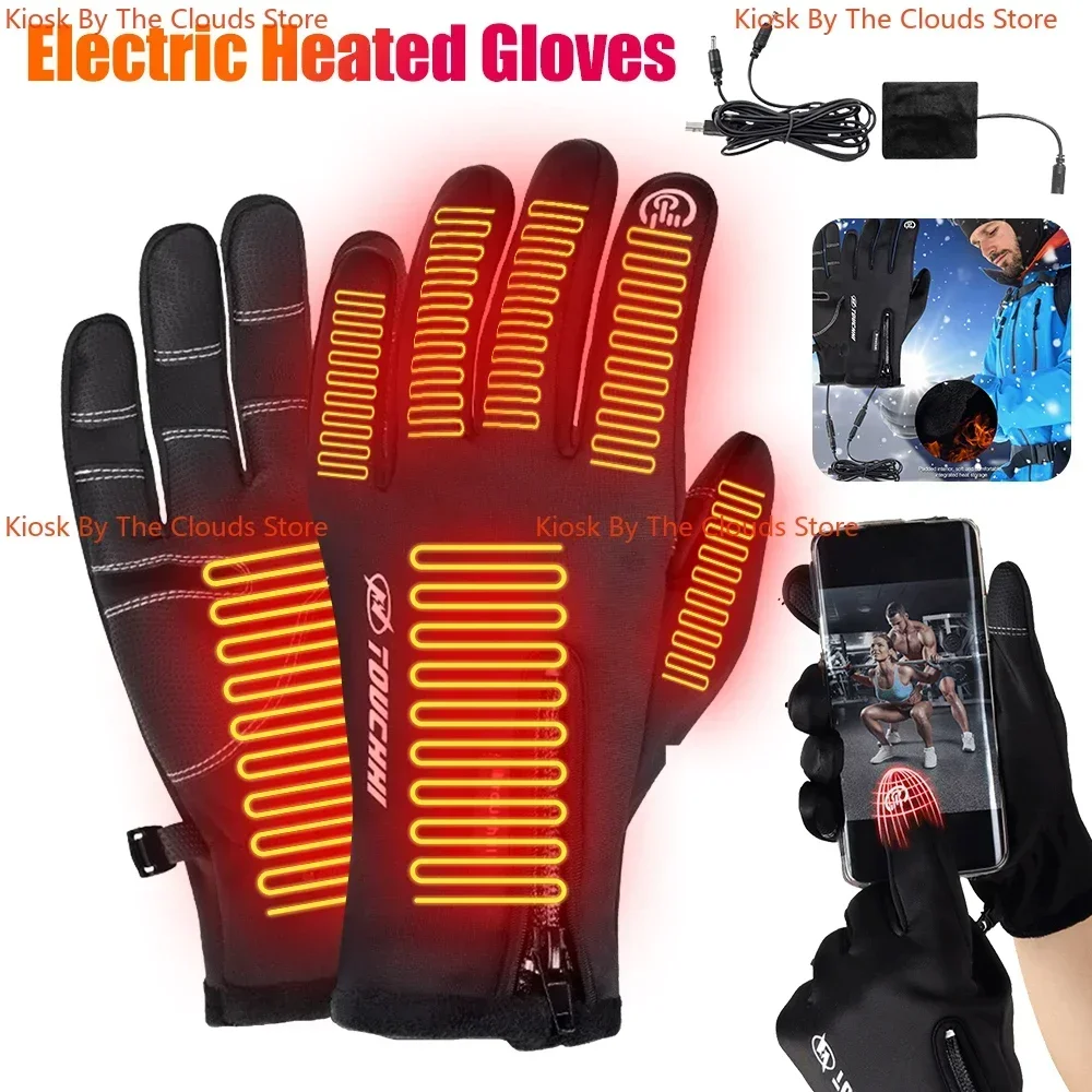 Gants chauffants USB pour hommes, coupe-vent, pour moto d'hiver, chauffe-mains, rechargeables, pour écran tactile, gants de cyclisme pour Camping et randonnée