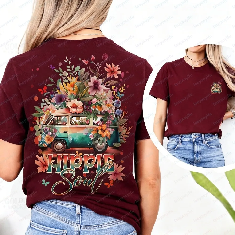 Women Summer Short Sleeve Fashion T Shirt Watercolor Wildflower Vintage Camper Van Double Side Print Crew Neck Trendy Daily Tee