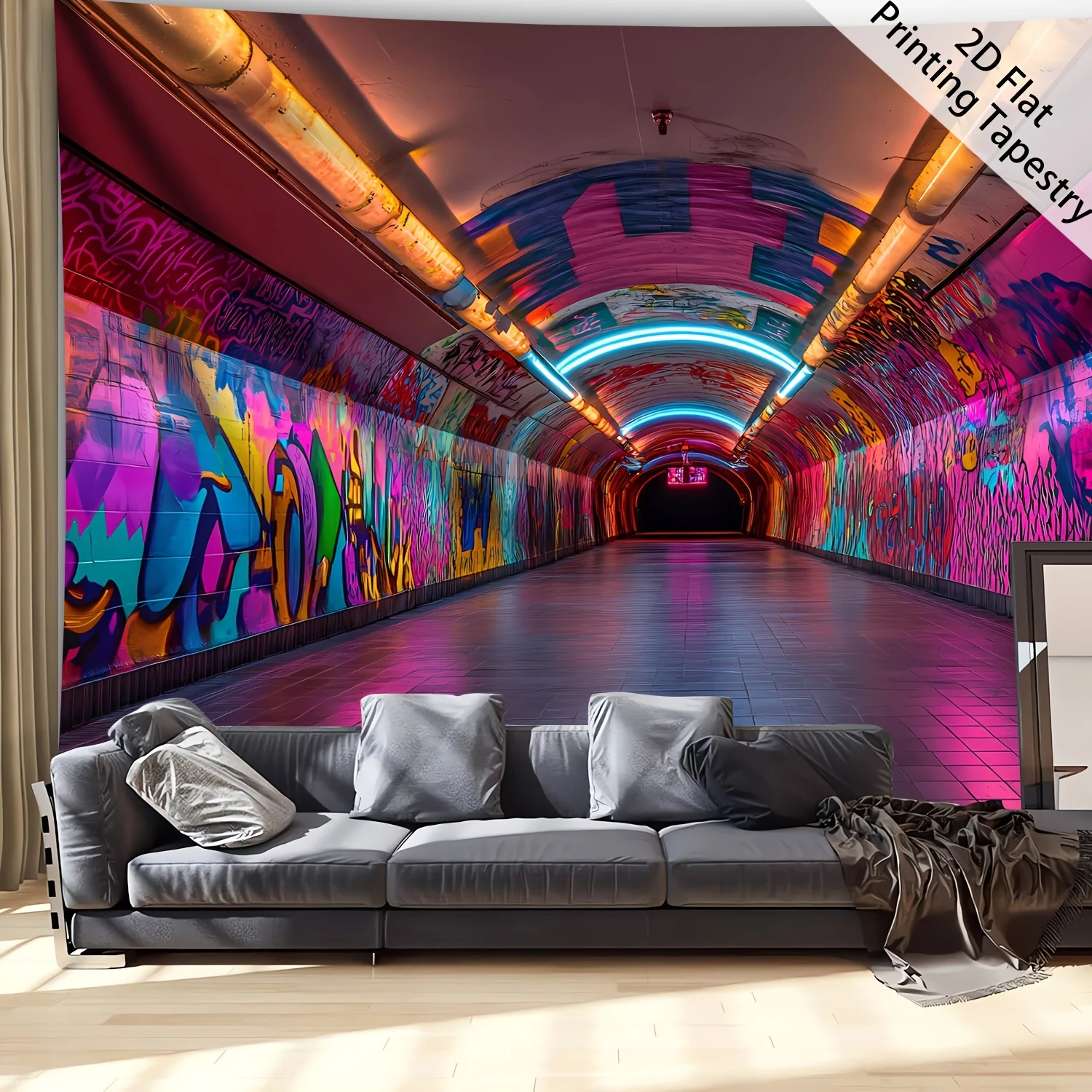 Arched Graffiti Tunnel Street Art Tapestry, HD Digital Print Urban Landscape Wall Decor for Home and Living Room Backdrop