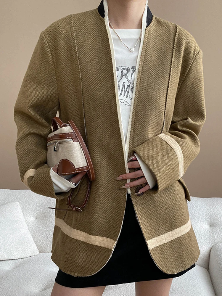 예모라 카멜 울 패치워크 버 캐주얼 블레이저 여성용 V넥 롱 슬리브 루즈핏 신상 재킷 패션 트렌드 봄 가을 2025