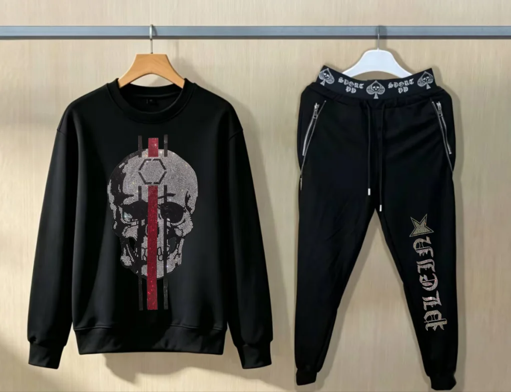 Men Hip Hop Luxury Oversize hotfix rhinestone Hoodie Fashion Suit Daily Wear Outfit Set view 5