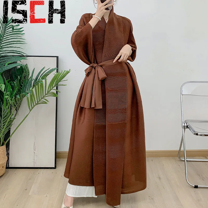 

Pleats Robe Long Trench Coat Jacket Women 2024 Summer New Long Colour Blocking Bat Sleeve Loose Large Size Outer Cloak Long Robe