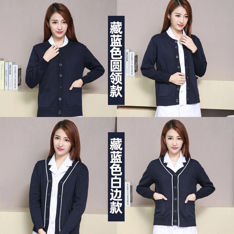 Navy Blue V-neck Plush and Thickened in Autumn Winter Hospital Nurse Sweater Doctor Nurse Outerwear Knitted Cardigan Jacket