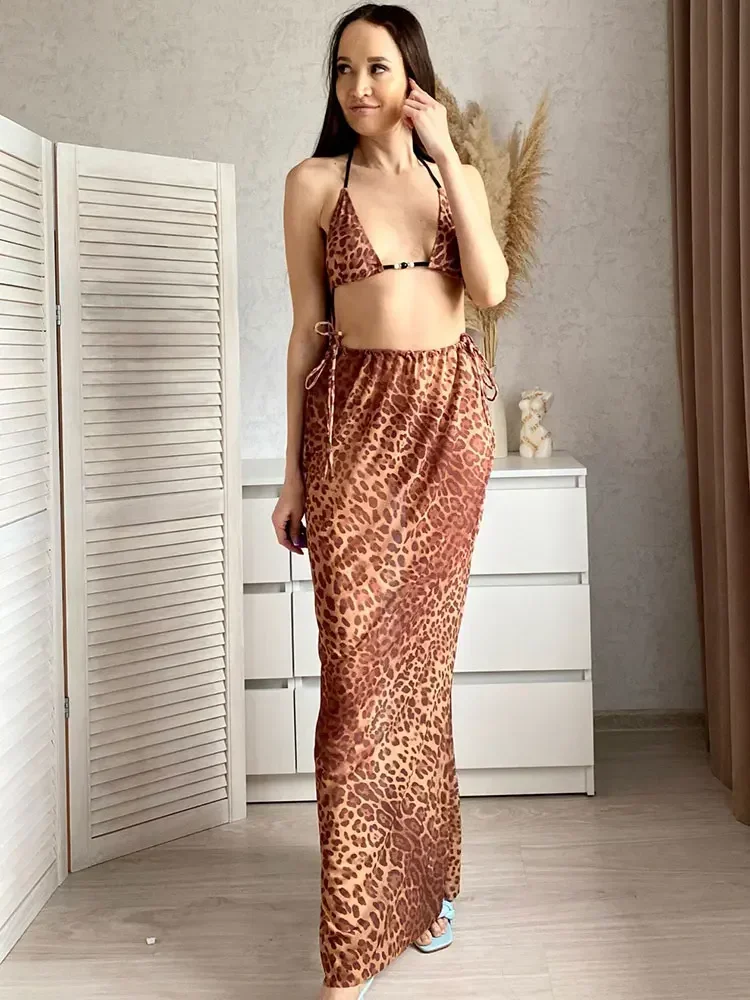 Sexy Leopard Print 3 Pieces Bikini Set 2023 Summer Beach Wear Triangle Bikinis Swimsuit With Beach Skirt Swimwear Cover-up A1554