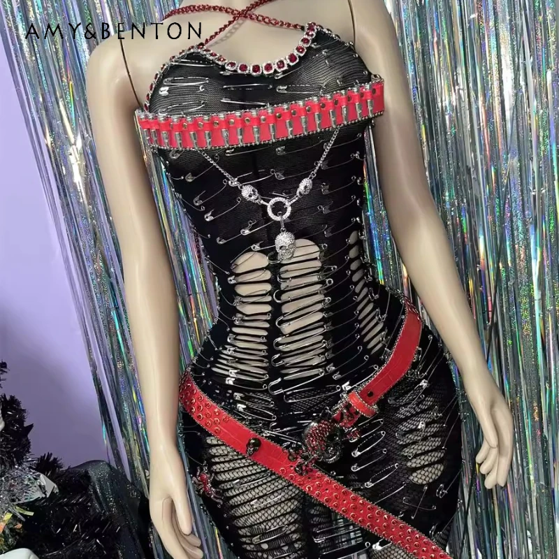 

European American Y2K Hot Girl Women's Clothing Punk Dark Subculture Slimming Hollow Out Mesh Sexy Halter Short Dresses Ladies