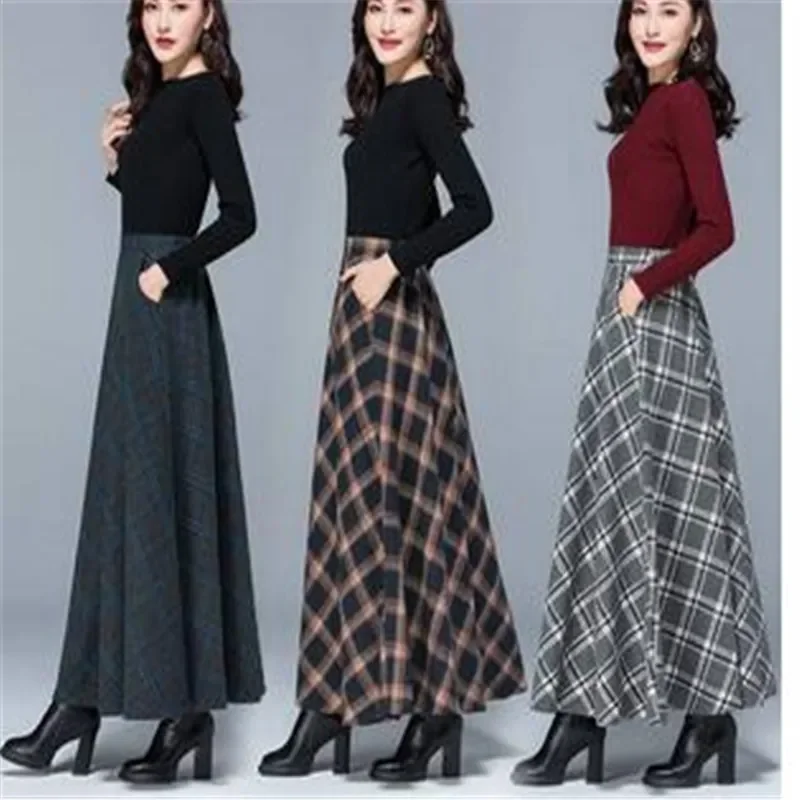 Winter Women Long Woolen Skirt Fashion High Waist Basic Wool Skirts Female Casual Thick Warm Elastic A-Line Maxi Skirts O8399