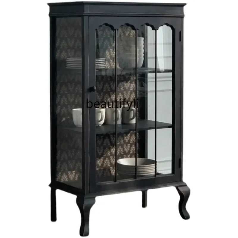 American Style French Style Vintage Black Pastoral Solid Wood Glass Dining Room Sideboard Storage Wine Cabinet