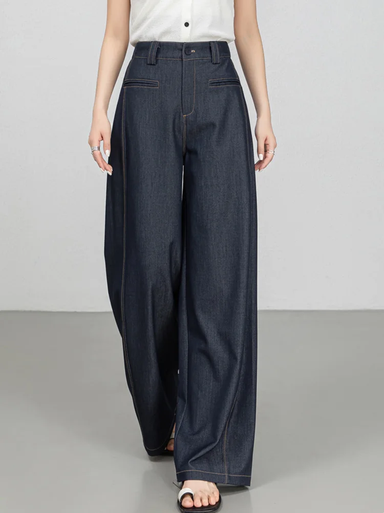 

2025 new women fashion wide leg denim jeans summer thin loose dark blue elastic band waist jeans