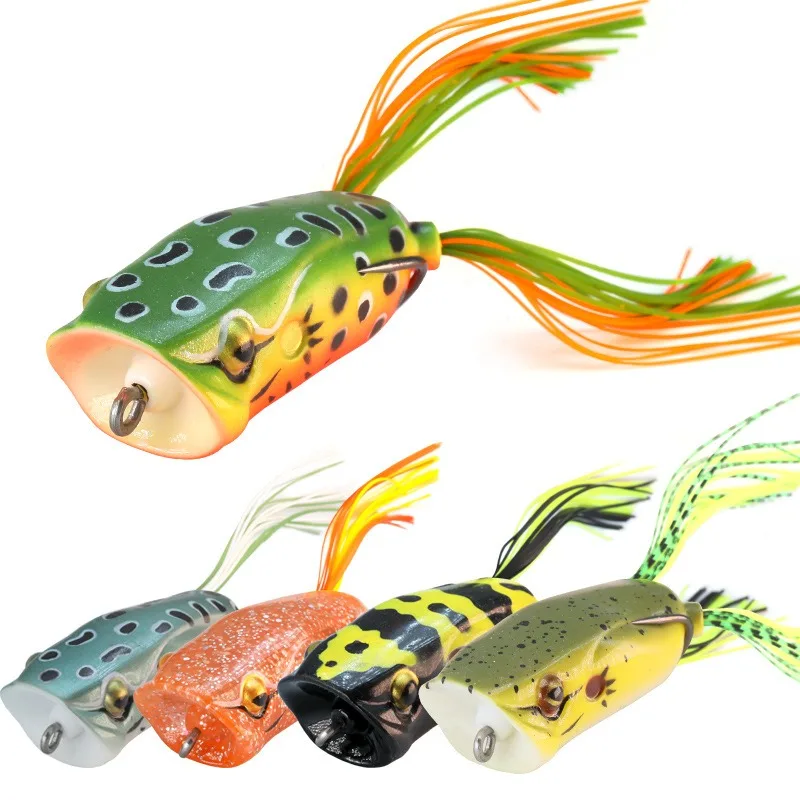 1PC Popper Frog Fishing Lure Soft Hollow Body Weedless Hook Skirt Tail Frog Bait Kit For Bass Snakehead Freshwater Fishing Tackl