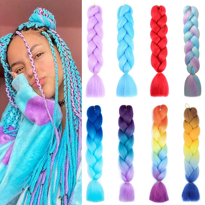 24Inch Synthetic Braiding Hair Extension Ombre Color Rainbow DIY Jumbo Hair Pink Red Blue Hairstyle for Women