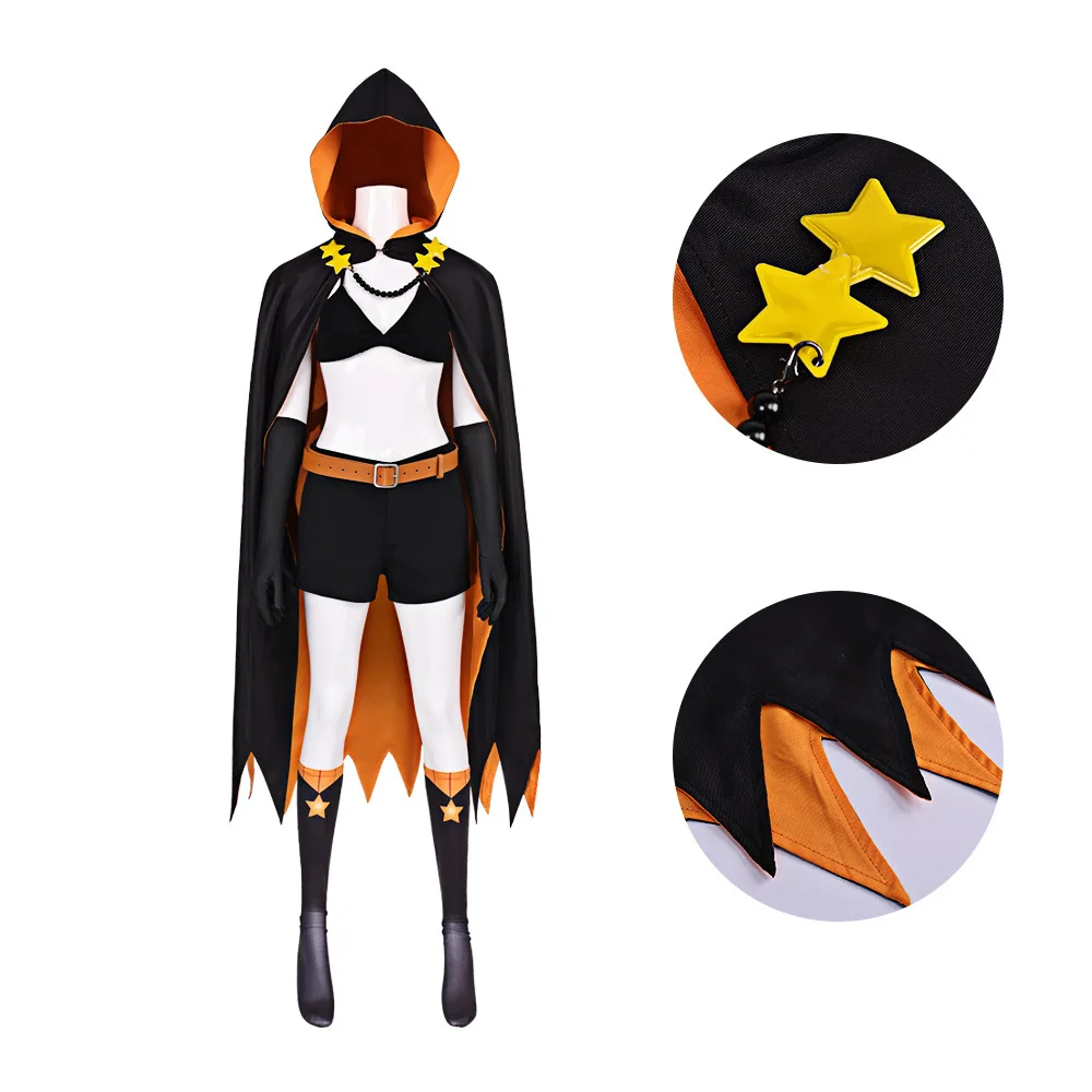 Women Star Magician Set Black Orange Hooded Cape Crop Top Shorts Gloves Star Socks Halloween Cosplay Masquerade Outfit - view 4
