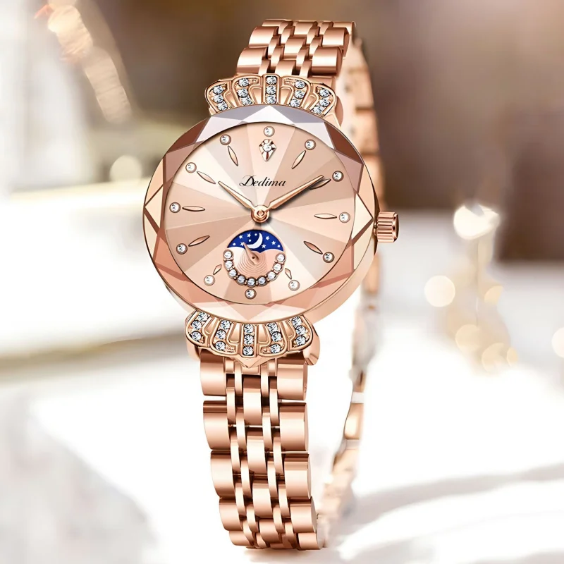 Fashionable Rose Gold Women's Solid Steel Strap Waterproof Watch with Clasp