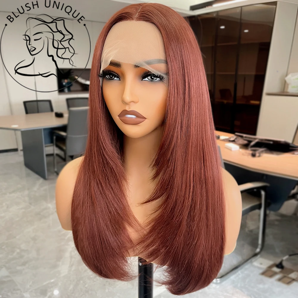 Reddish Brown Straight Lace Front Wigs Layered Cut Wig Glueless Layered Lace Wigs Synthetic Butterfly Haircut Natural Hairline