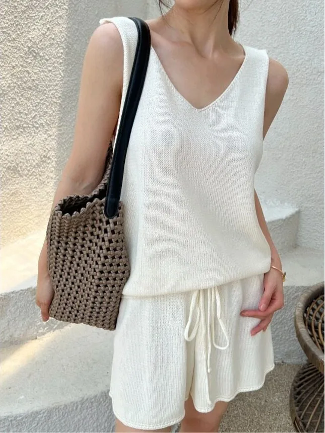 Fashionable Knitted Set Soft Vest Top And High Waist Shorts Women's Summer New Style Drawstring Two-Piece Suit Korean Style