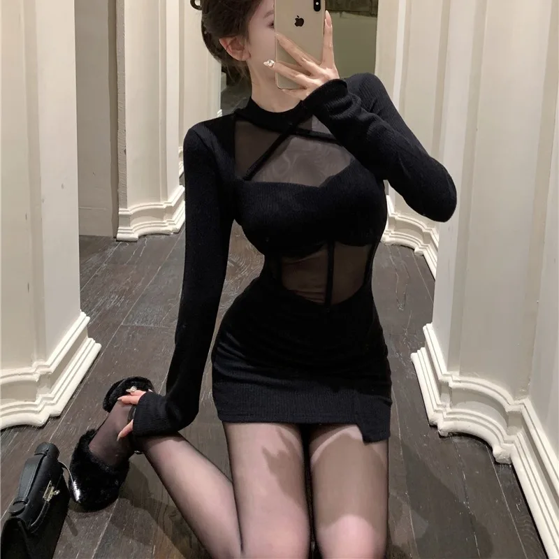 Sexy Bla Long Sve Me épissure moulante Dr Ele taille haute automne hiver nouveau Sle pour les jeunes femmes à la mode Streetwear