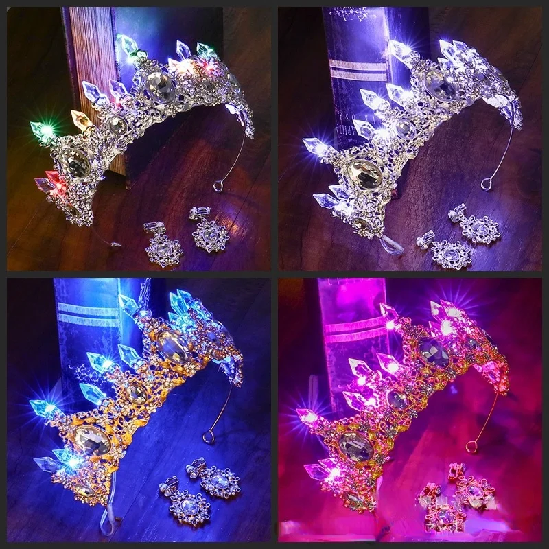 Glow Bride Crown Tiara LED Light Luminous Girl Princess Rhinestone Hair Accessories Birthday Party Wedding Christmas Decoration