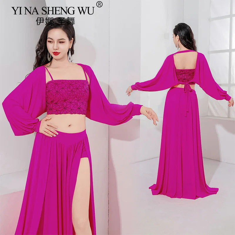 

Belly Dance Practice Clothes for Women's Sexy Lace Top+Sleeves+Mesh Long Skirt 3pcs Girls Belly Dancer Performance Costume Suit