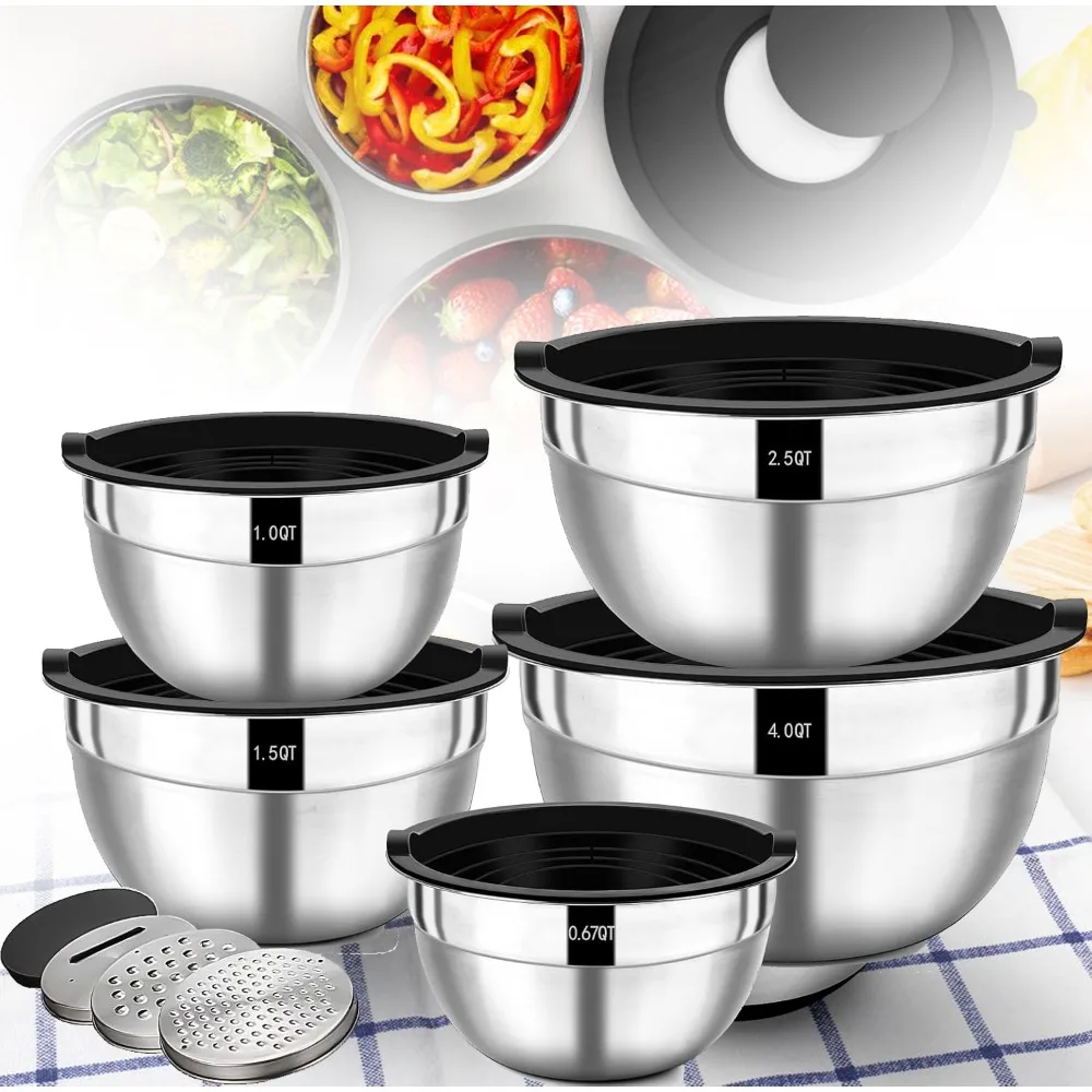 Ensemble de 5 bols mélangeurs, bols empilables en acier inoxydable pour la préparation et le service en cuisine, avec couvercles hermétiques, 3 râpes, faciles à nettoyer