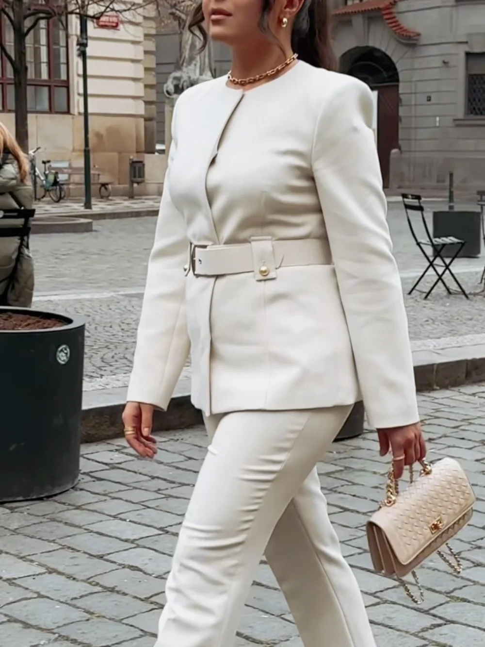 

Office Lady Chic White Women Suits O Neck Belt Blazer Straight Long Pants Fashion 2025 Autumn Spring Elegant Women Suits