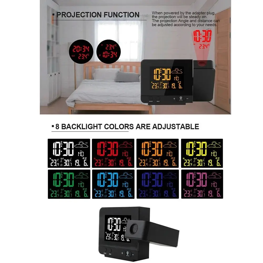 8 Colors Colour Screen Projection Clock High-Precision Double Alarm Weather Forecast LCD Waterproof Wireless Sensor