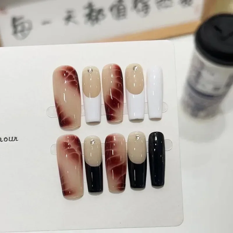 10 pçs médio forma retangular vermelho preto unhas falsas cobertura completa imprensa em unhas diy puro artesanal removível reutilizável para mulher