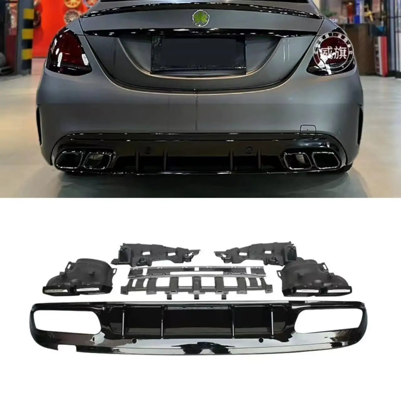 Für Mercedes Benz C-Klasse W205 2019-2021 Sport-Version Upgrade C63 AMG Heckdiffusor Splitter ABS-Kunststoff Hochglanz Schwarz
