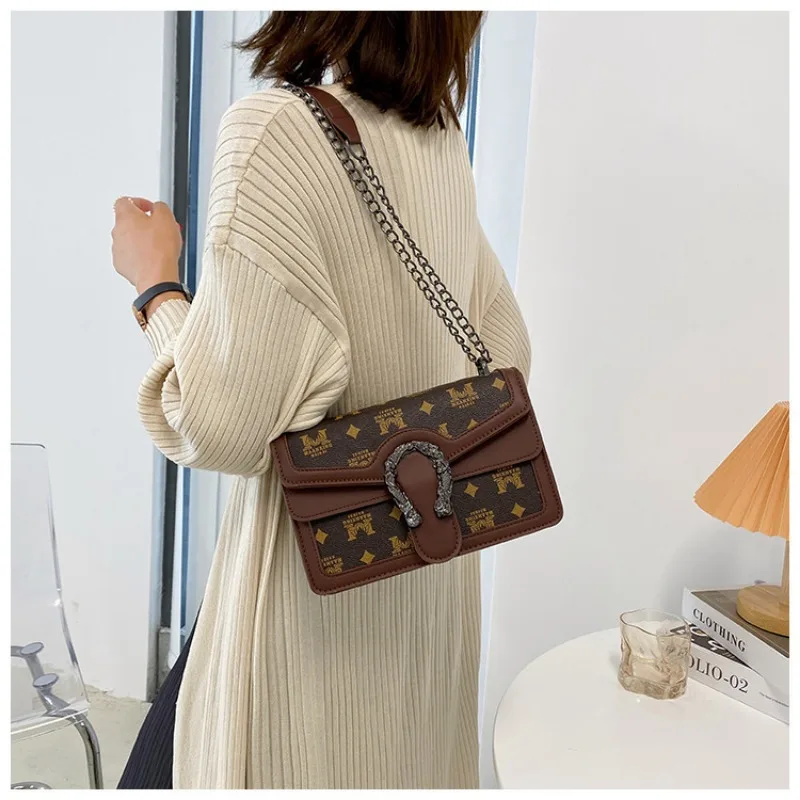 Fashion Printed Chain Shoulder Bag for Women, Trendy Small Square Crossbody, Travel Shopping Gift for Girlfriend