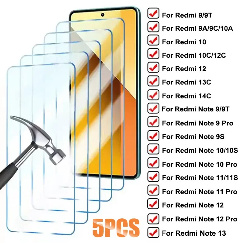 

5Pcs HD Tempered Glass For Xiaomi Redmi 13C 12C 10C 10A 9A 9C Screen Protector For Redmi Note 9 10 11 12 13 Pro 11S 10S 9S Glass