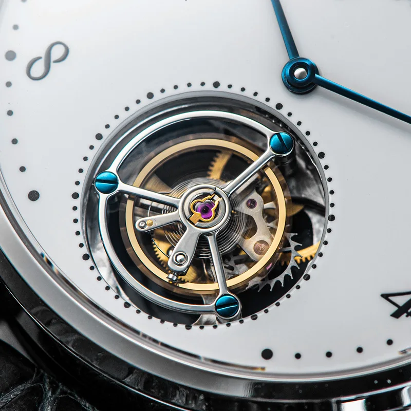 Sugess Tourbillon Watch Hand Winding Alligator Leather Mechanical Men Watch Antique Enamel Ceramic Dial Original Movement ST8230